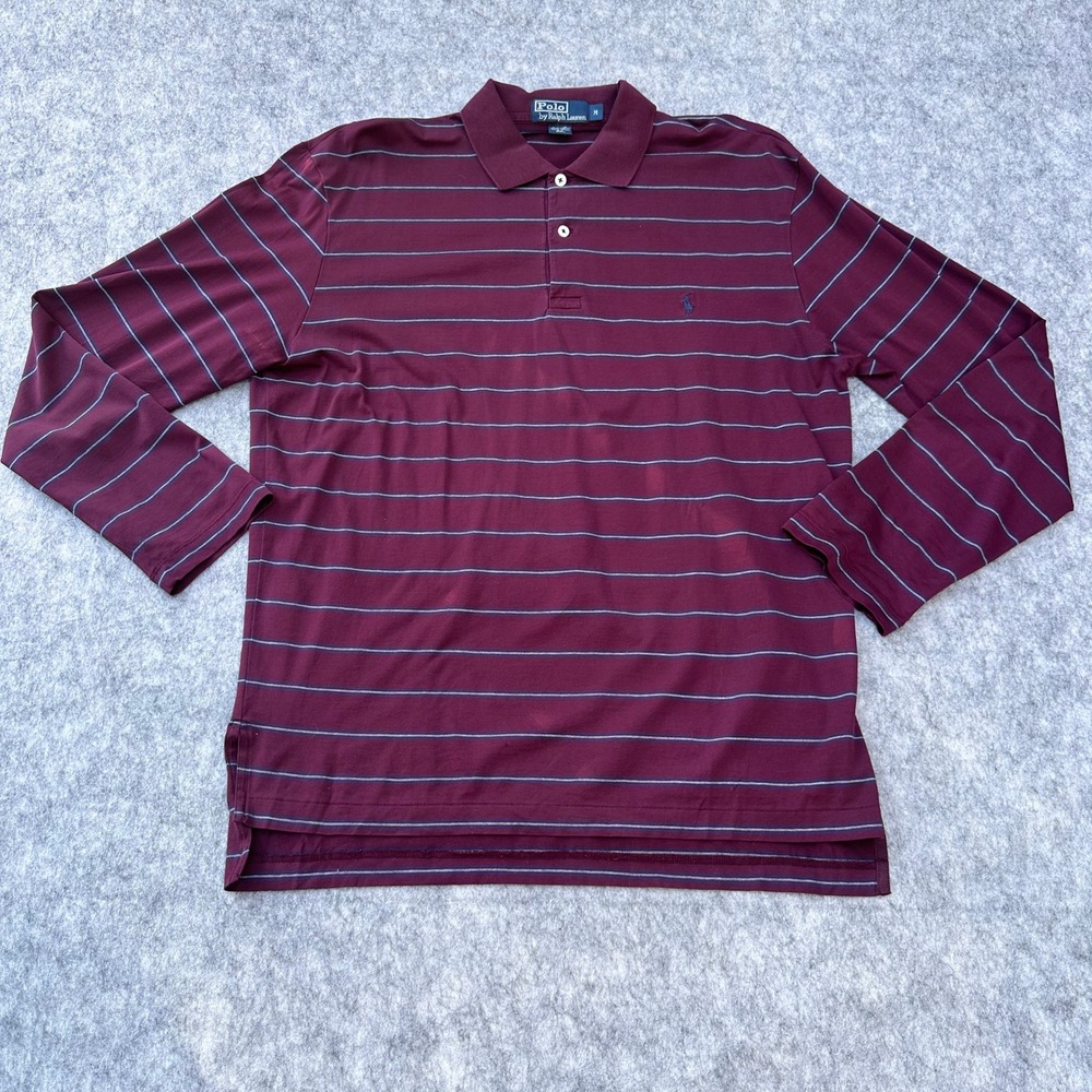 Polo Ralph Lauren Mens M Burgundy Striped Long Sleeve Pima Cotton Polo Shirt